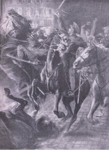 Una carga nocturna de la caballería británica durante el movimiento de barrido en octubre de 2014, de Historia de la Gran Guerra Vol 3 publicada por Waverley Book Co Limited, c.1920